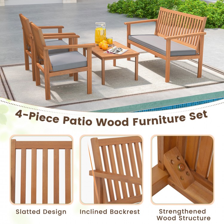 4-piece patio wood furniture set featuring acacia wood, gray cushions, and slatted design for outdoor relaxation.
