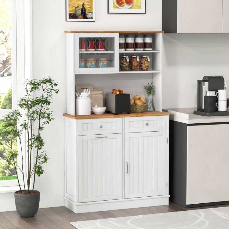 Double tilt-out trash cabinet with hutch and rubberwood countertop, featuring glass doors and storage for kitchen.