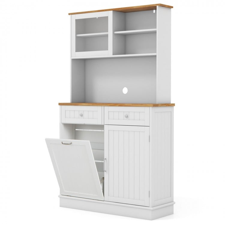 Double tilt out trash cabinet with hutch, rubber wood countertop, and two pull-out drawers for organized storage.