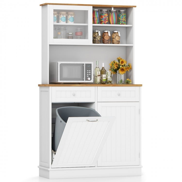 Double tilt out trash cabinet with hutch, rubberwood countertop, and storage for waste bins or small appliances.