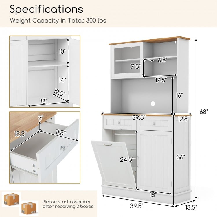 Double tilt out trash cabinet with hutch, rubber wood countertop, and adjustable shelves for versatile storage.