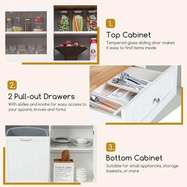 Double tilt out trash cabinet with hutch, featuring a rubber wood countertop and tempered glass sliding door for easy.