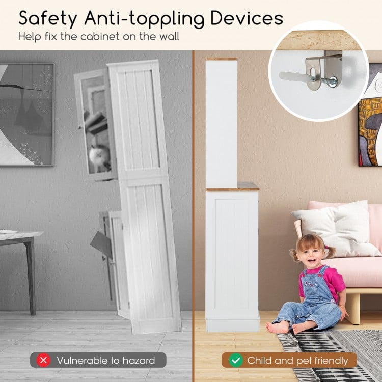 Double tilt-out trash cabinet with hutch, rubberwood countertop, and safety anti-toppling devices for secure wall.