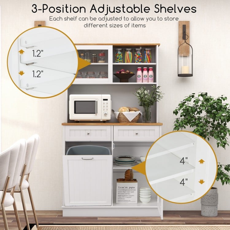 Double tilt out trash cabinet with hutch, featuring adjustable shelves and a rubber wood countertop for versatile.