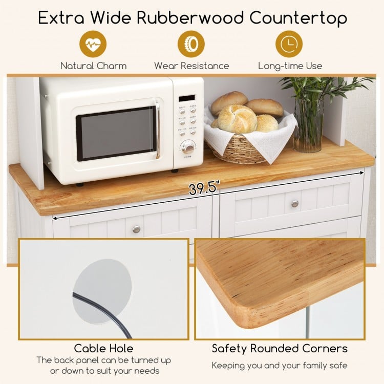 Extra wide rubberwood countertop on a double tilt-out trash cabinet, featuring safety rounded corners and cable hole.