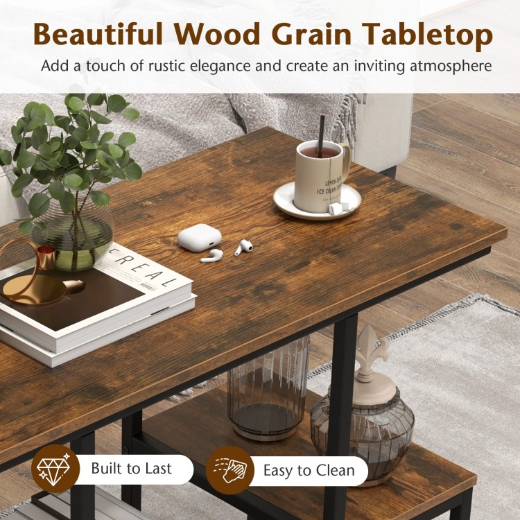 Rustic brown tabletop of the TV console table, designed for 50-inch TVs, featuring a sturdy metal frame and.