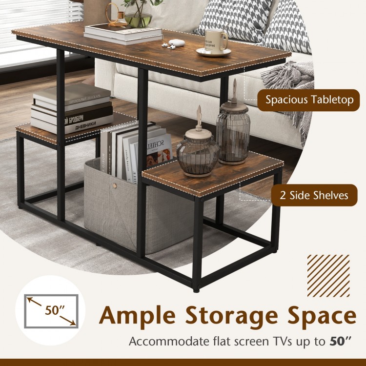 Rustic TV console table in brown with spacious tabletop and two side shelves for media storage, suitable for 50" TVs.