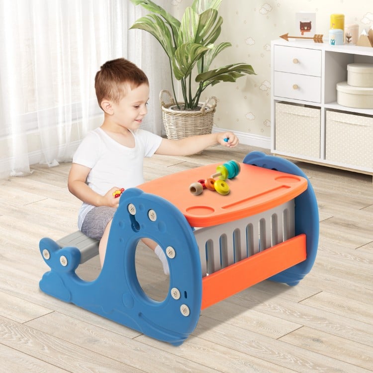 Convertible kids activity table set in blue, featuring a double-sided tabletop and whale shape, perfect for drawing and.