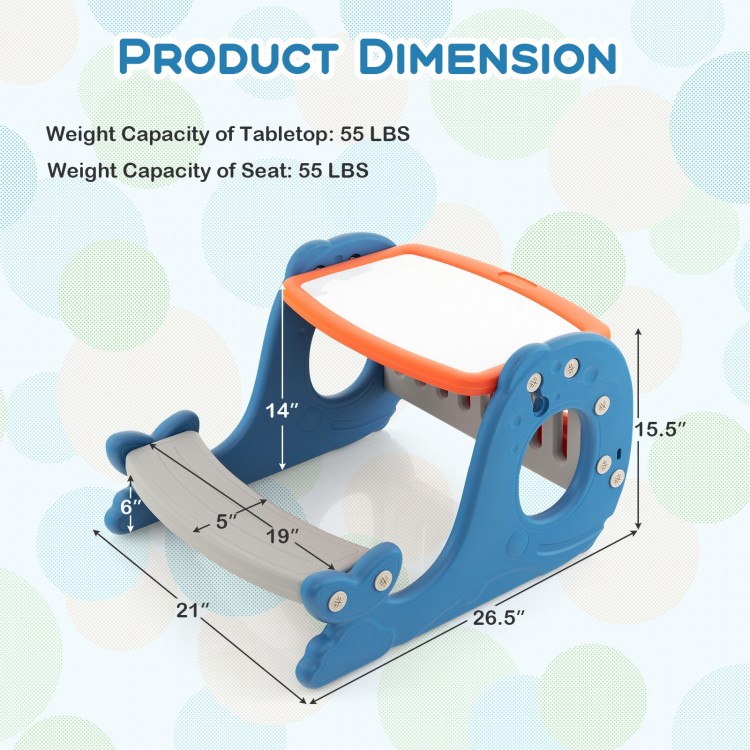 Convertible kids activity table set in blue with dual-use tabletop, storage, and adjustable easel for creative play.