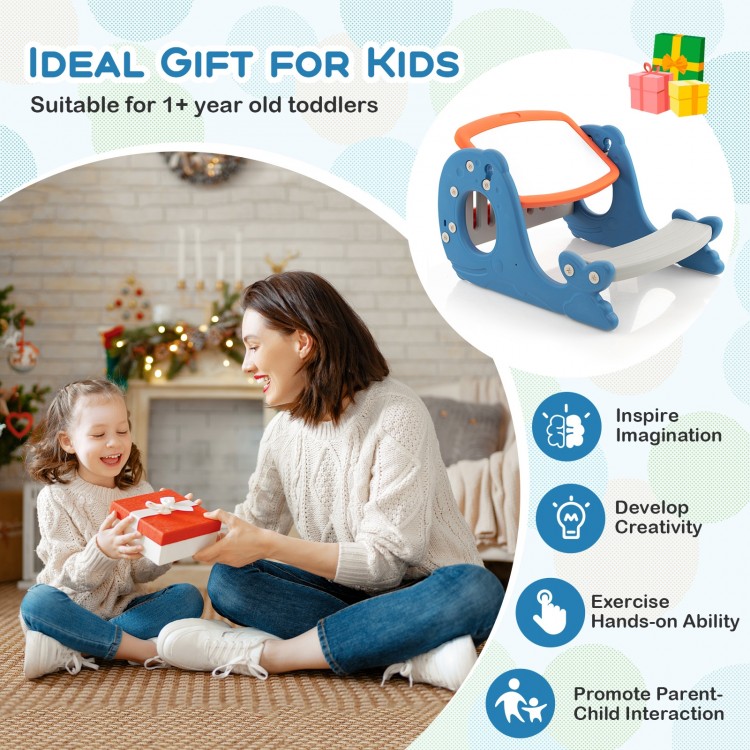 Convertible kids activity table set in blue with a double-sided tabletop, ideal for drawing and learning for toddlers.