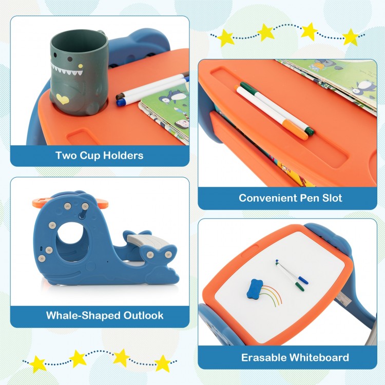 Convertible kids activity table set with whale-shaped design, erasable whiteboard, and convenient cup holders for.