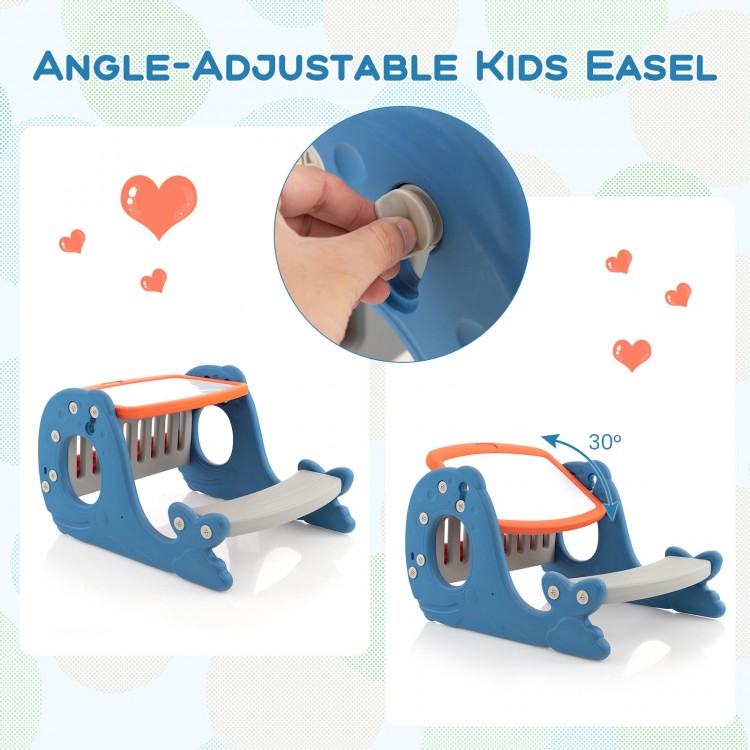 Angle-adjustable kids easel in blue with a double-sided tabletop for drawing and writing, ideal for creative play.
