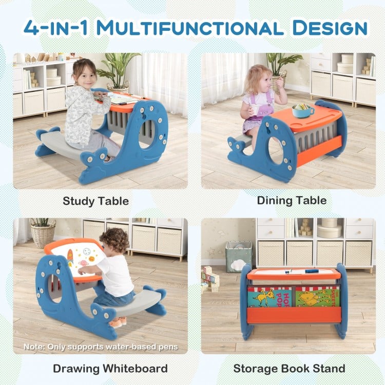 Convertible kids activity table set in blue, featuring a drawing whiteboard, storage book stand, and whale-shaped.