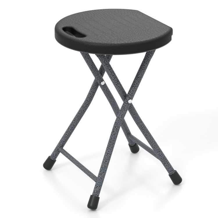 Folding stool with built-in handle, HDPE seat, and powder-coated metal frame for easy transport and outdoor use.