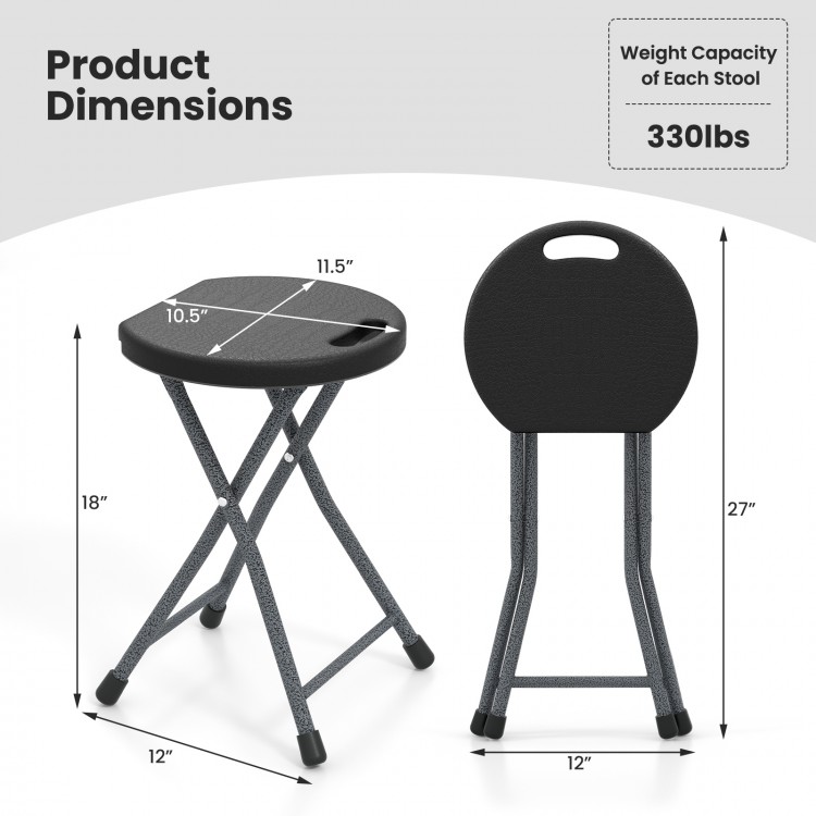 Folding stool with built-in handle, HDPE seat, and powder-coated metal frame; ideal for indoor seating and outdoor use.