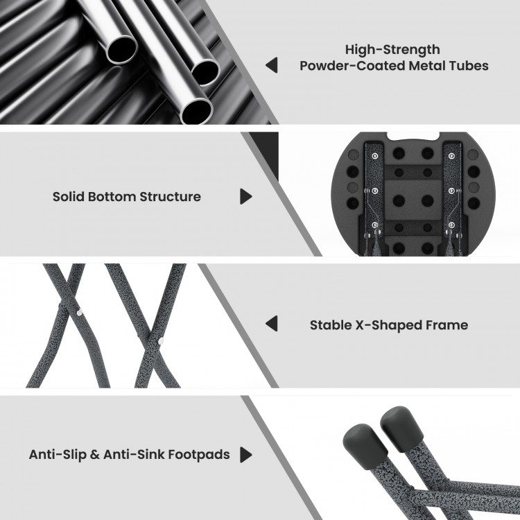 Folding stool with a built-in handle, featuring a stable X-shaped frame and anti-slip footpads for secure seating.
