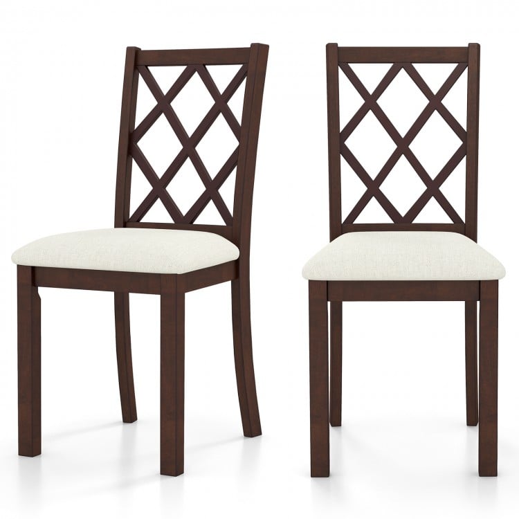 Set of 2 brown dining chairs with upholstered seat cushions and rubber wood legs, perfect for dining rooms and kitchens.
