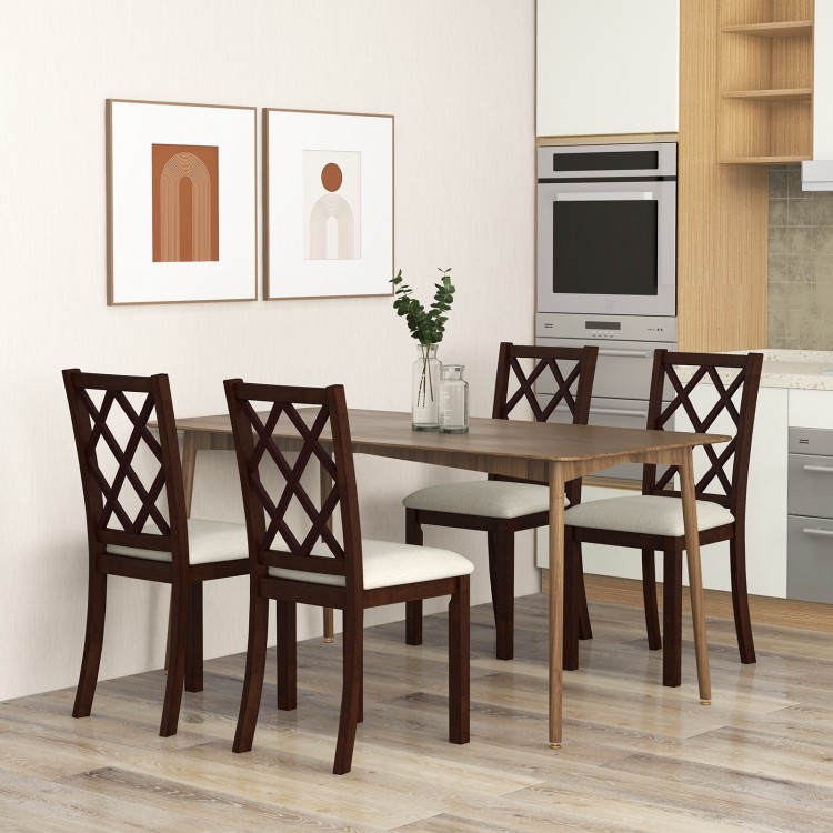 Wood dining chair set with upholstered seat cushions and rubber wood legs, ideal for dining rooms and kitchens.