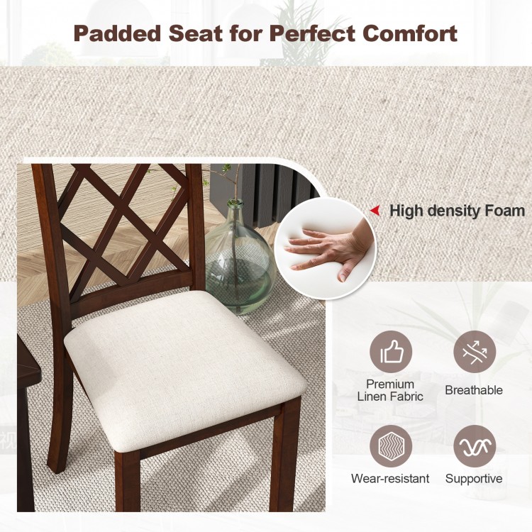 Padded seat cushion of a dining chair set, featuring premium linen fabric and rubber wood legs for comfort and.