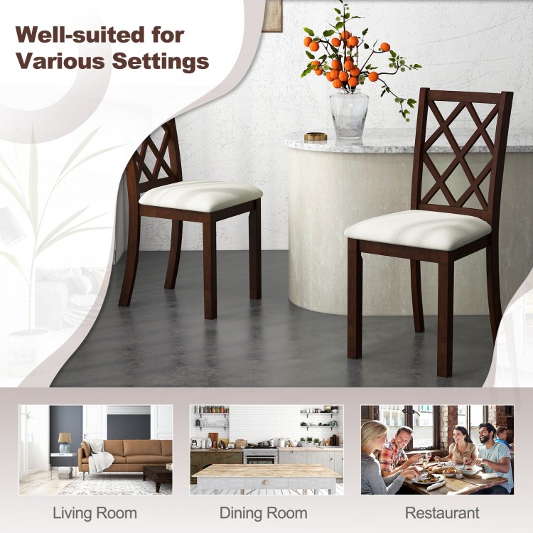 Set of 2 brown dining chairs with upholstered seat cushions and rubber wood legs, ideal for living and dining rooms.