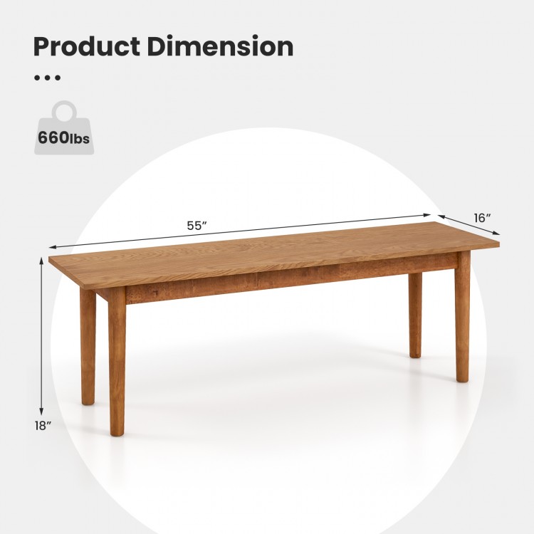 Solid wood dining bench with rubber wood legs, measuring 55" x 16" x 18", ideal for entryways and dining areas.