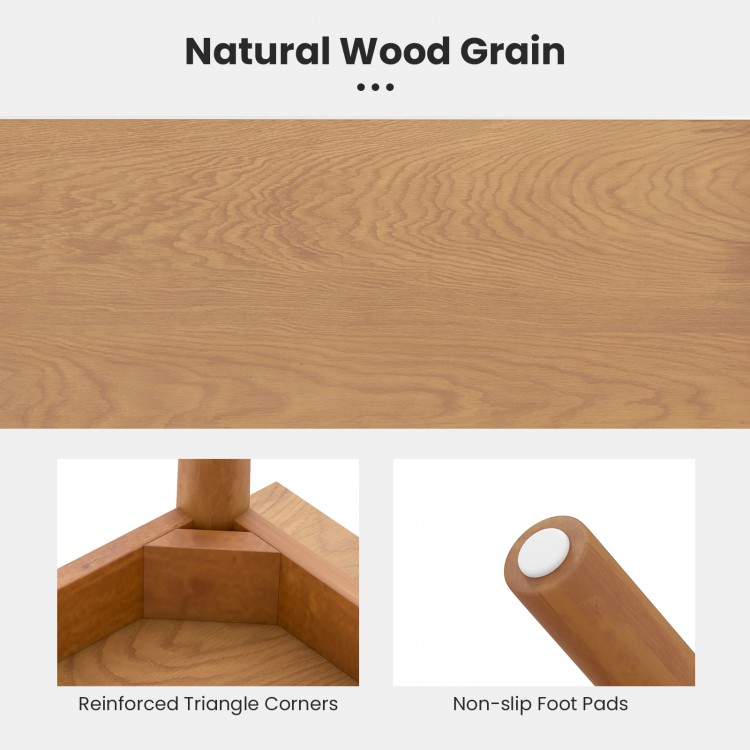 Solid wood dining bench with natural wood grain, reinforced triangle corners, and non-slip foot pads for stability.