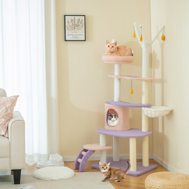 Multi-level cat tower with sisal scratching posts, cozy condo, and cloud-shaped platform for playful feline relaxation.