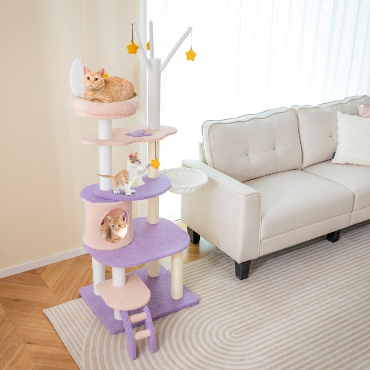 Multi-level cat tower featuring a cloud platform, sisal scratching posts, and a cozy moon-shaped nest for playful cats.
