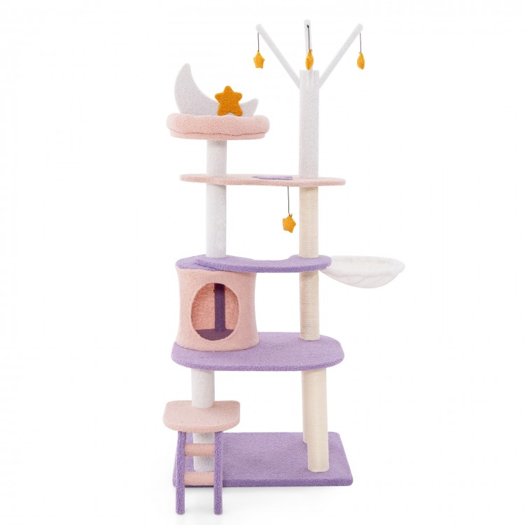 Multi-level cat tower with sisal scratching posts, cozy condo, and moon-shaped bridge for playful feline relaxation.