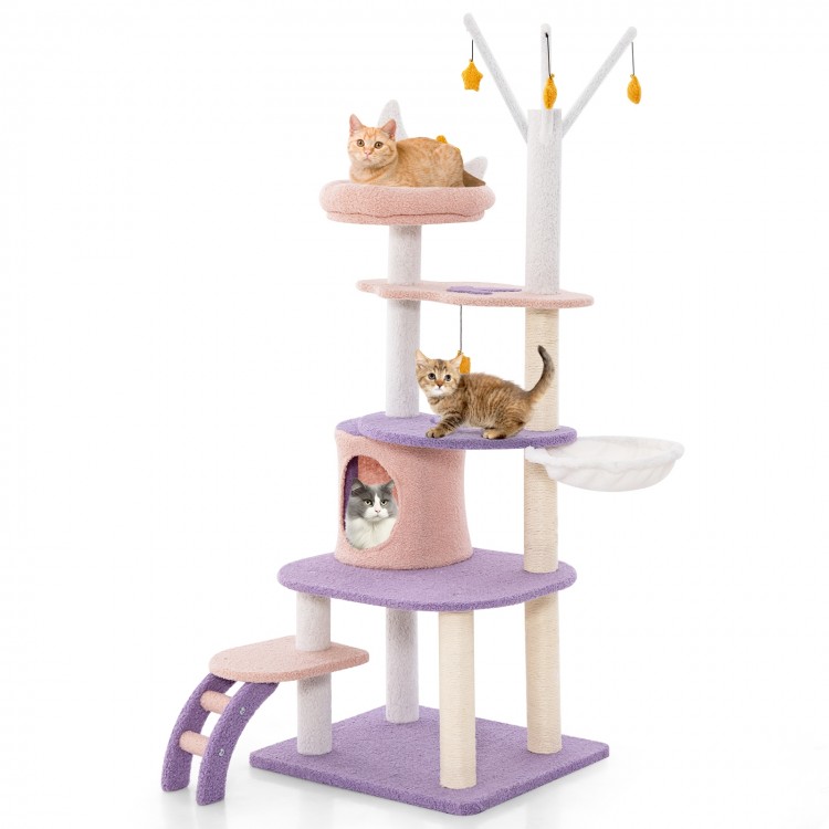Multi-level cat tower featuring a cozy condo, sisal scratching posts, and playful star decorations for feline fun.