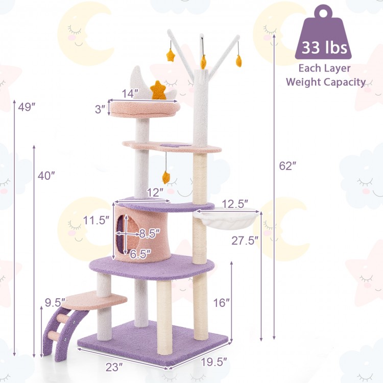 Multi-level cat tower with sisal scratching posts, cozy condo, and cloud platform for playful and restful cat.