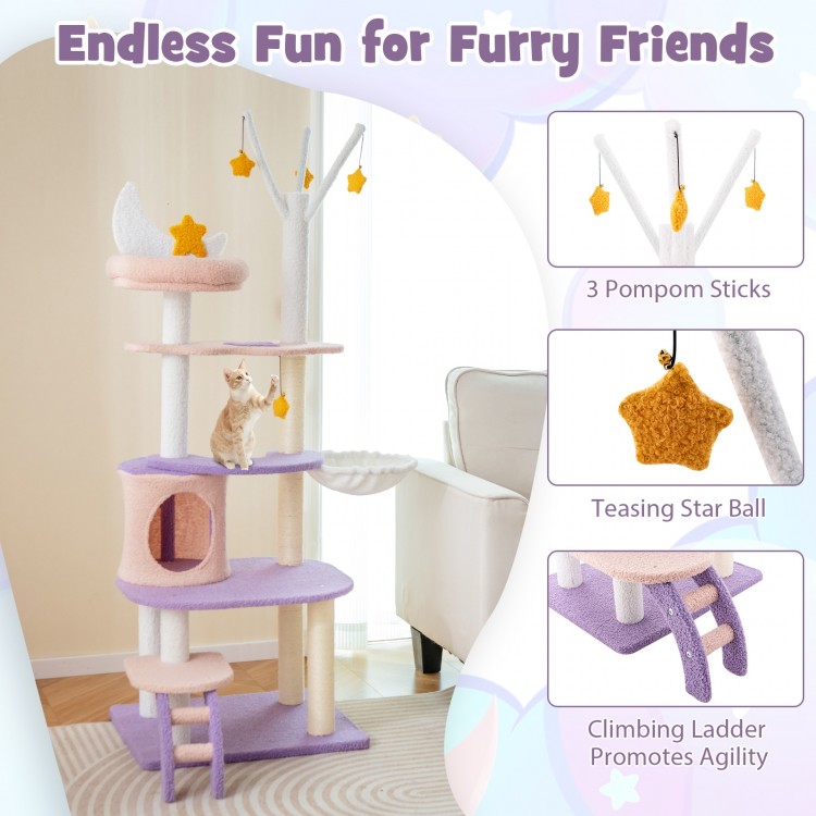Multi-level cat tower with sisal scratching posts, cozy condo, and star-themed decorations for playful feline fun.
