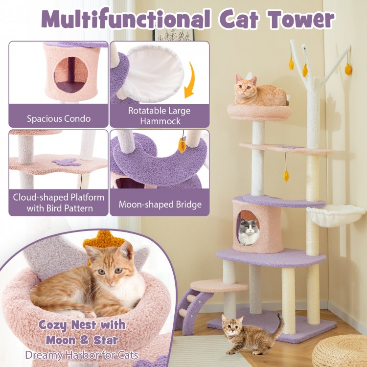Multi-level cat tower featuring a cozy moon-shaped nest, spacious condo, and sisal scratching posts for healthy claws.