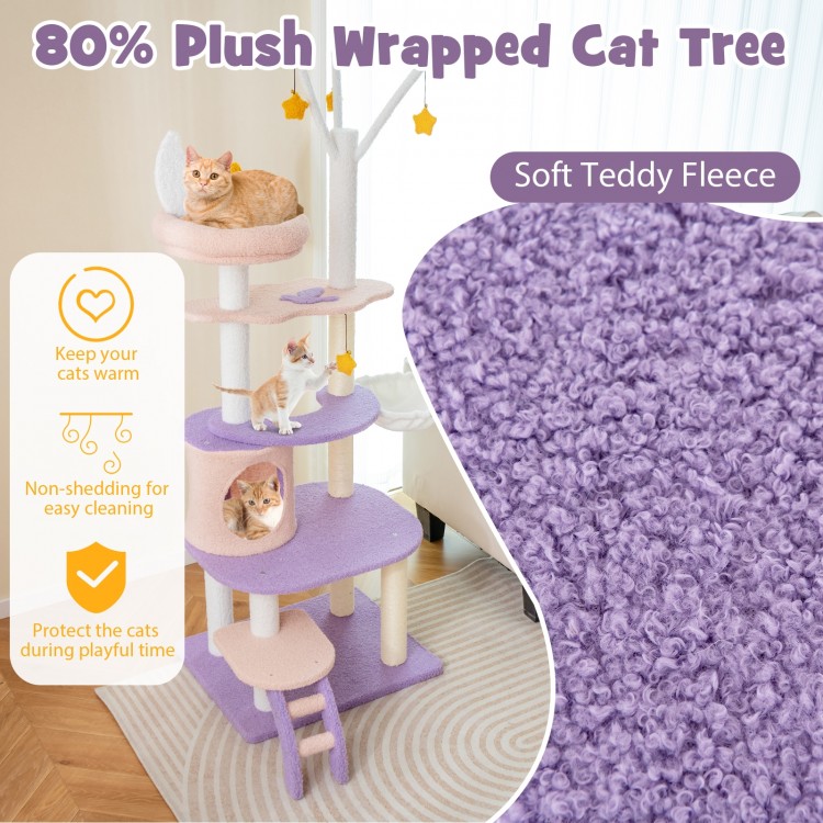 Multi-level cat tower in soft teddy fleece with sisal scratching posts, featuring a cozy condo and playful star.