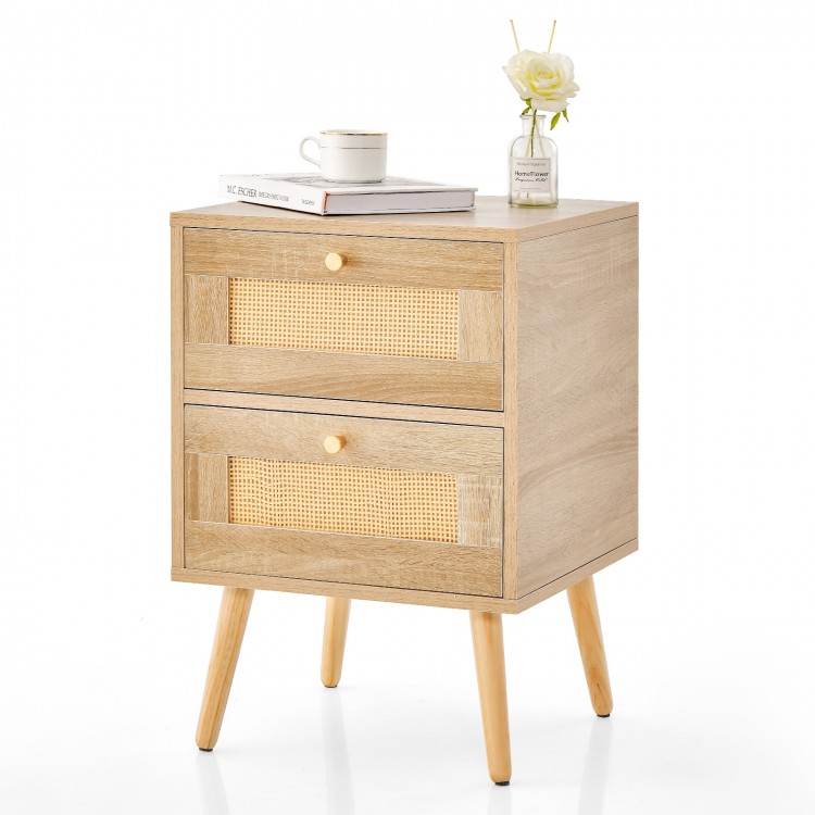 Rattan nightstand with two storage drawers, natural wood finish, perfect for bedside organization and rustic decor.