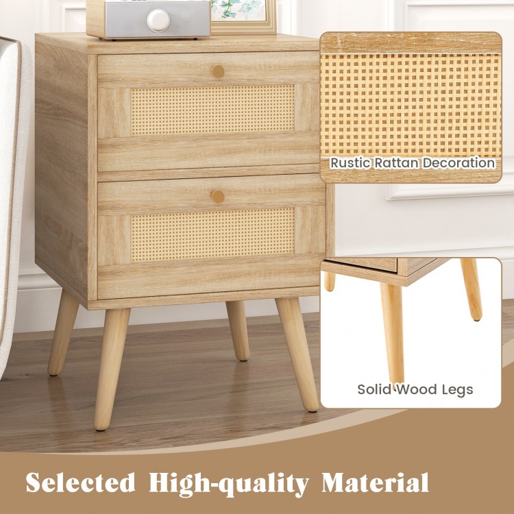 Rattan nightstand with two storage drawers, natural wood finish, rustic rattan accents, perfect for bedside use.