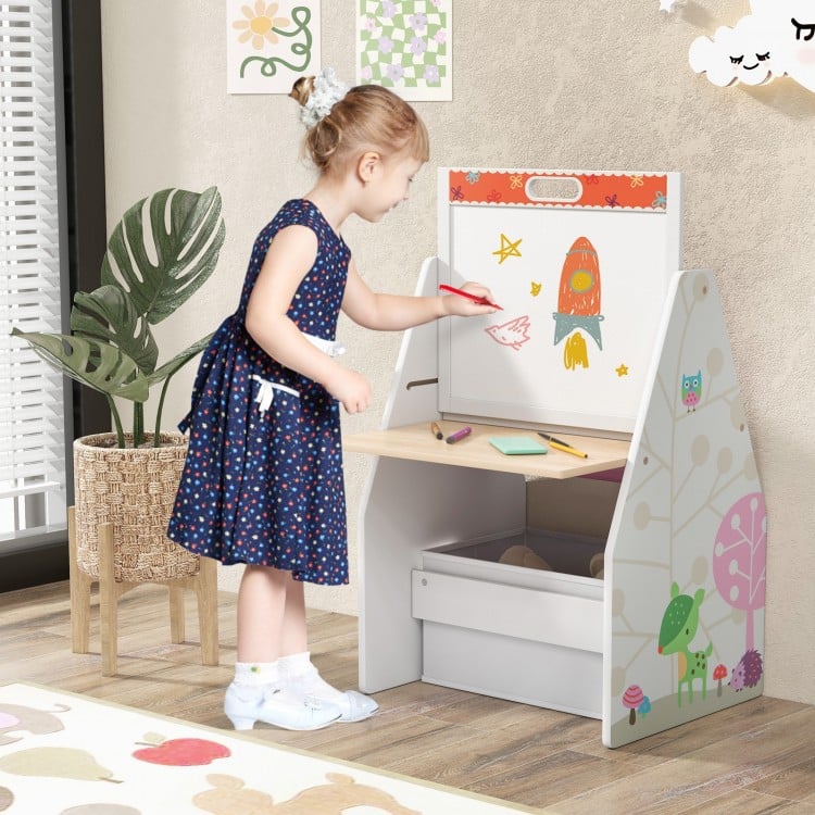 Kids easel and play station in white with storage bins, featuring a chalkboard and whiteboard for creative activities.