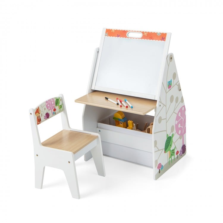 Kids easel and play station in white with adjustable drawing board, chair, and storage bins for creative activities.
