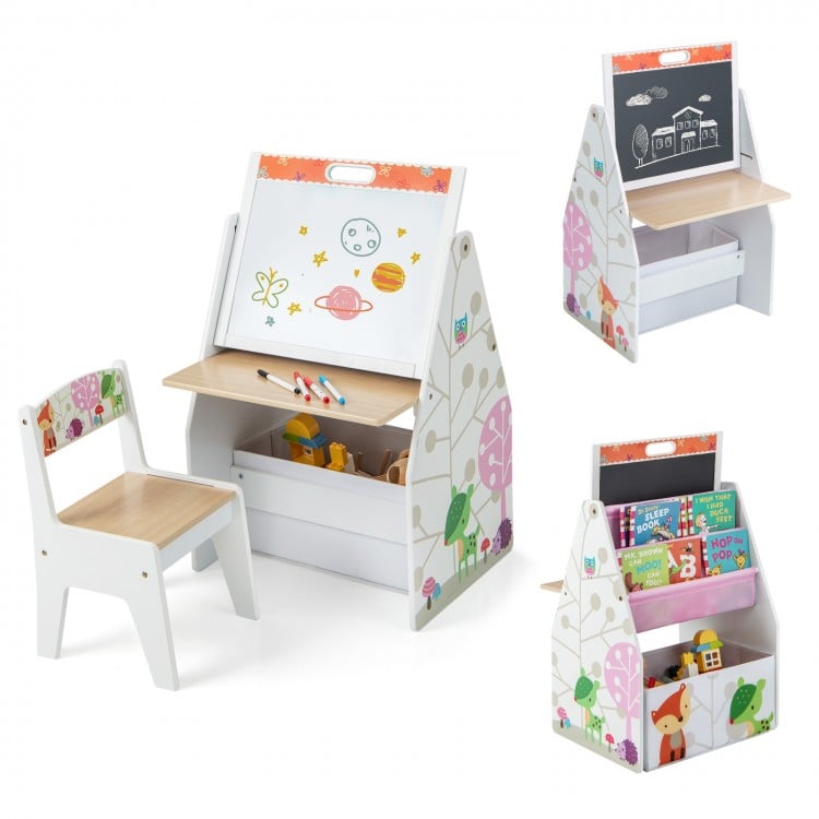 Kids 3 in 1 easel and play station with chair, featuring a chalkboard, whiteboard, and ample storage for creative.