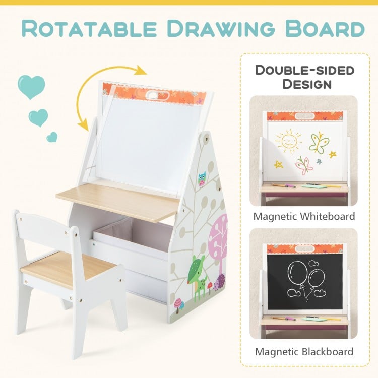 Kids easel and play station with double-sided magnetic whiteboard and chalkboard, includes chair and storage bins.