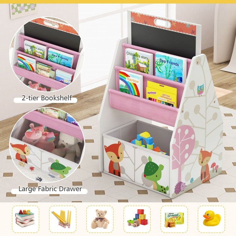 Kids easel and play station with a chalkboard, whiteboard, 2-tier bookshelf, and storage bins for creative activities.