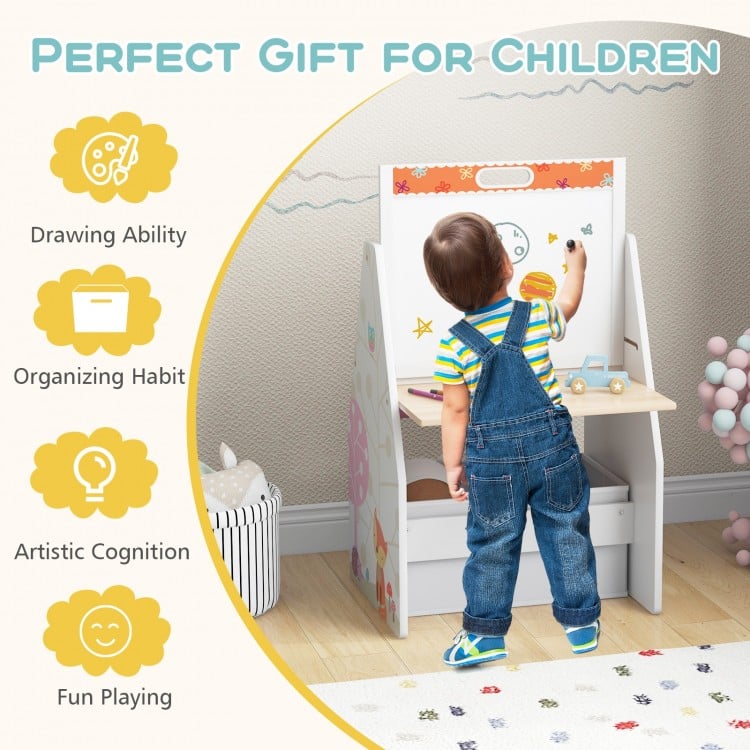 Kids easel and play station in white with adjustable drawing board, storage bins, and chair for creative activities.