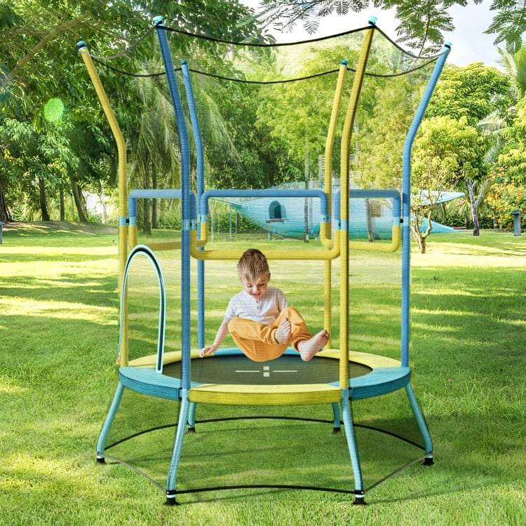 Mini trampoline for kids with safety enclosure net and foam handles in yellow, perfect for indoor and outdoor bouncing.