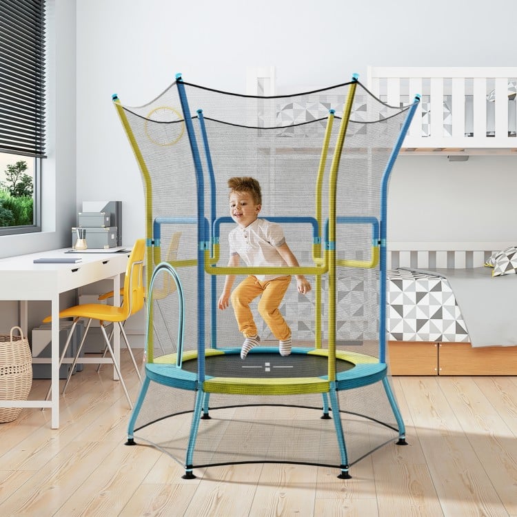 Mini trampoline for kids with safety enclosure net, padded handrails, and vibrant yellow design for indoor bouncing fun.