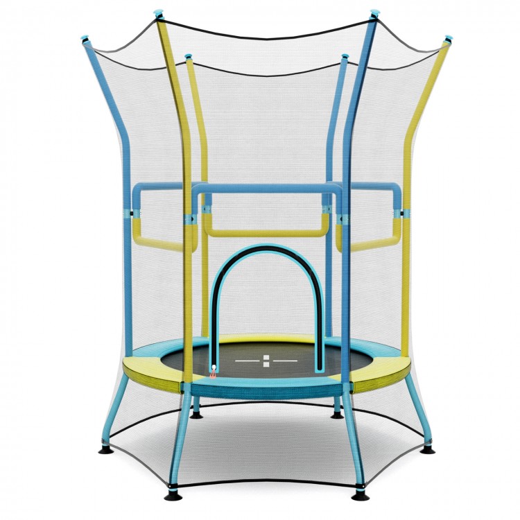 Mini trampoline for kids with safety enclosure net, padded handrails, and vibrant yellow design for secure bouncing fun.
