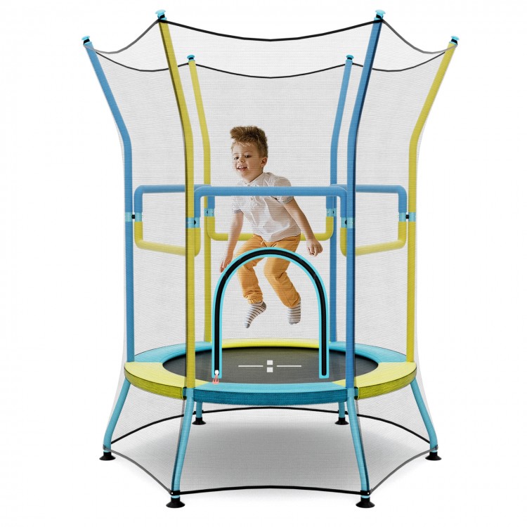Kids' mini trampoline with safety enclosure net, padded handrails, and vibrant yellow design for secure indoor and.