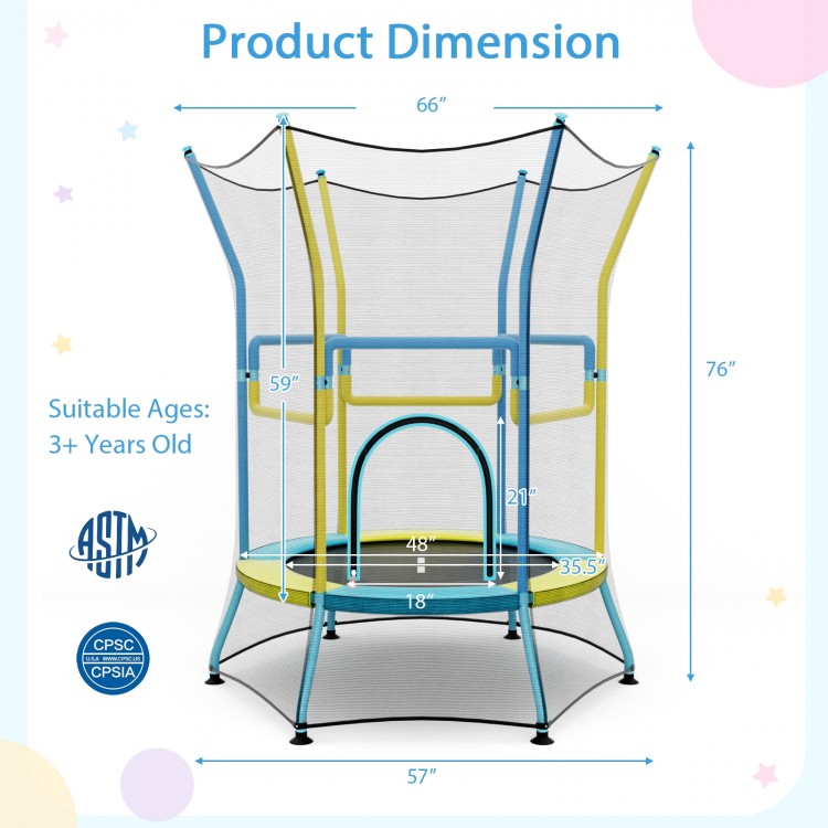 Mini trampoline for kids with safety enclosure net, padded handrails, and dimensions of 66" x 76" for secure bouncing.