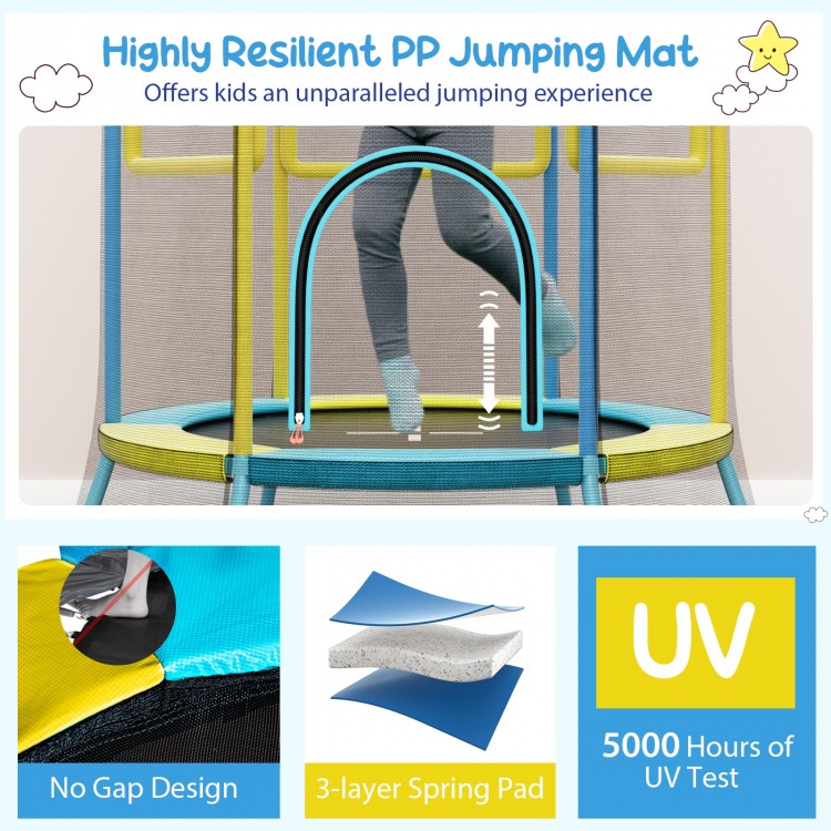 Breathable jumping mat of the Mini Trampoline for Kids with safety enclosure net, designed for secure indoor and.