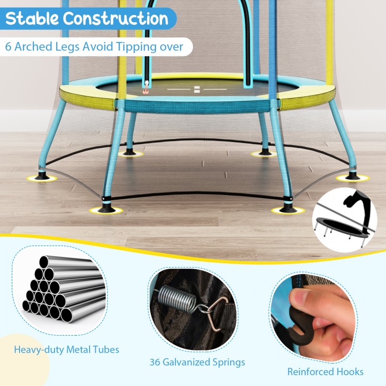 Stable mini trampoline for kids featuring a safety enclosure net, padded handrails, and curved legs for enhanced.