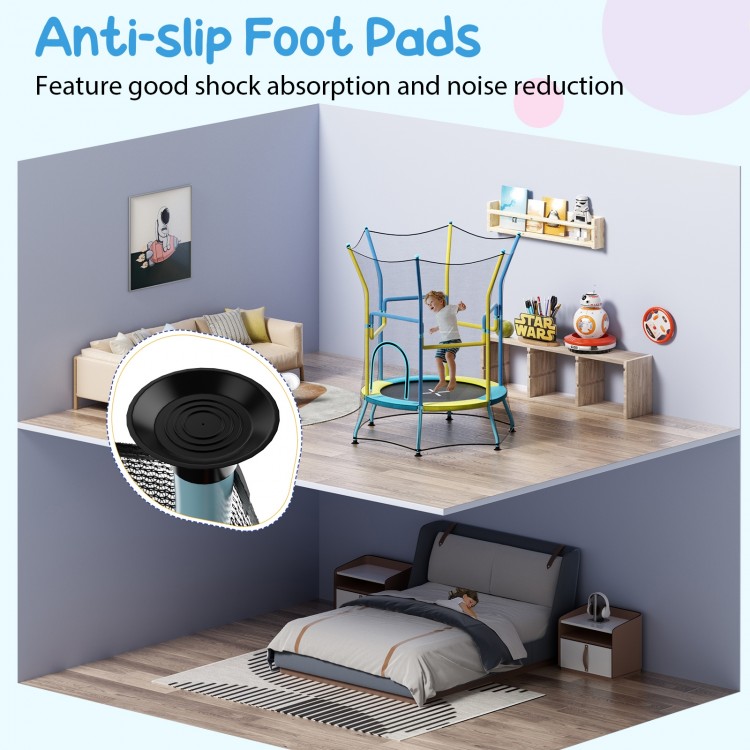 Mini trampoline for kids with safety enclosure net and foam handles, featuring anti-slip foot pads for stability.